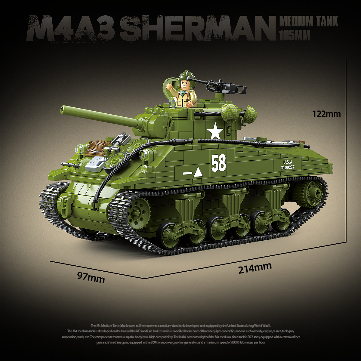 M4A3 Sherman 105mm | 1175 PCS | 1:28 | WWII US Medium Tank