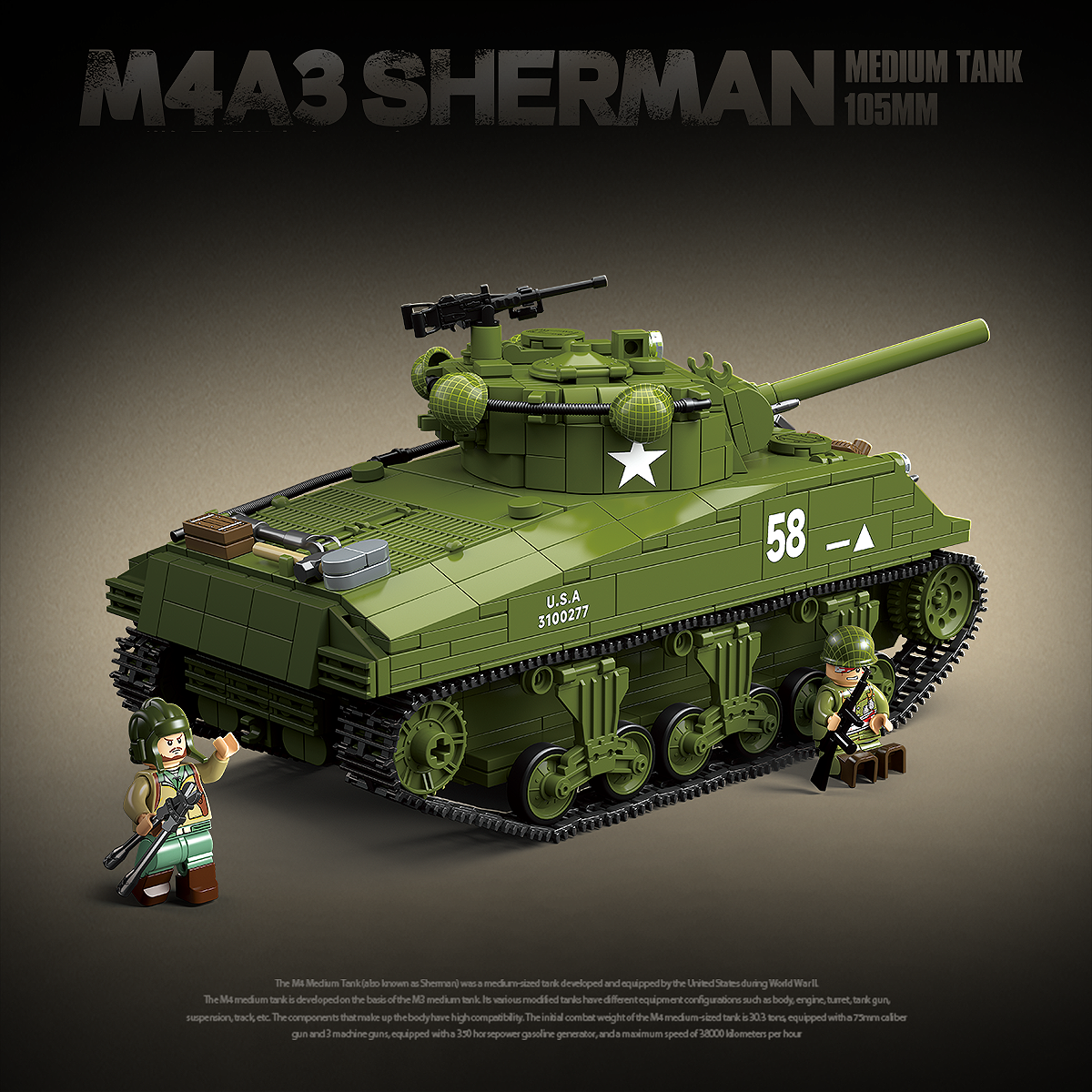 M4A3 Sherman 105mm | 1175 PCS | 1:28 | WWII US Medium Tank
