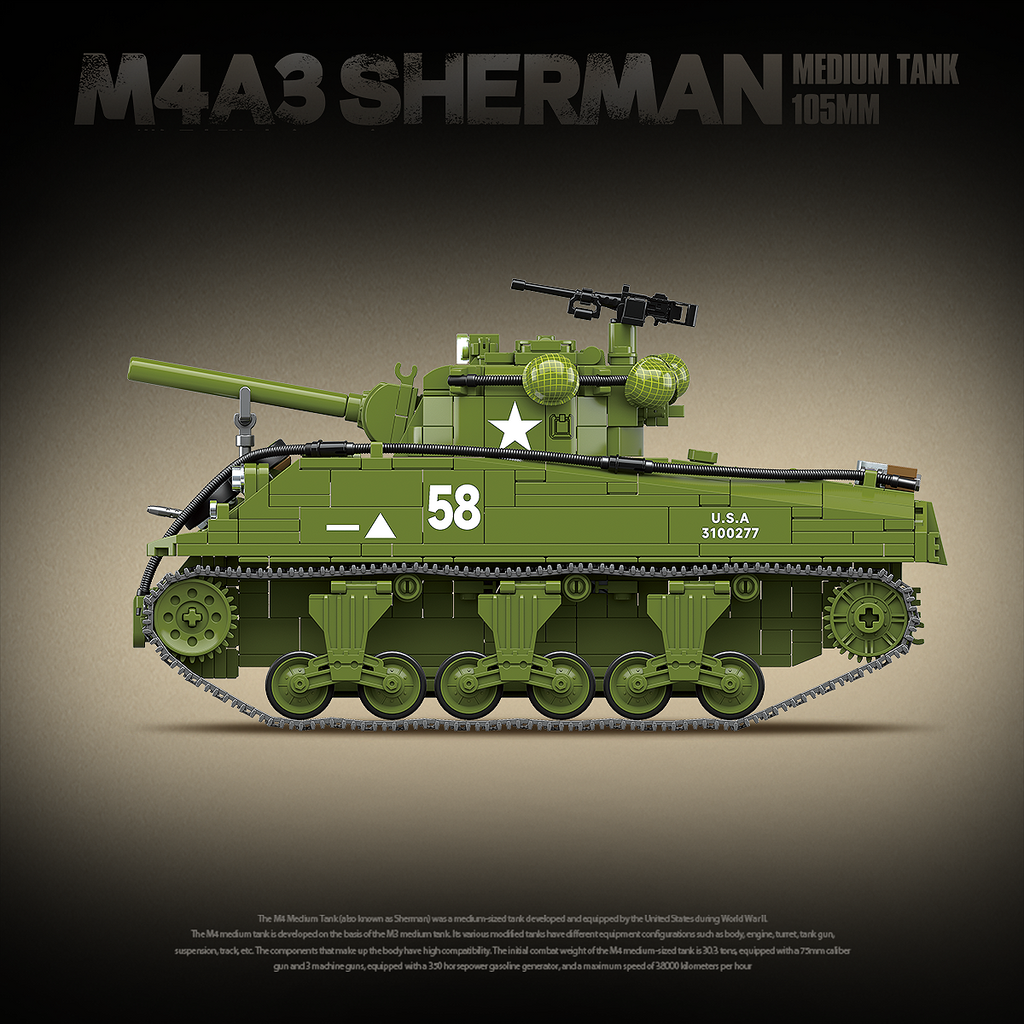 M4A3 Sherman 105mm | 1175 PCS | 1:28 | WWII US Medium Tank