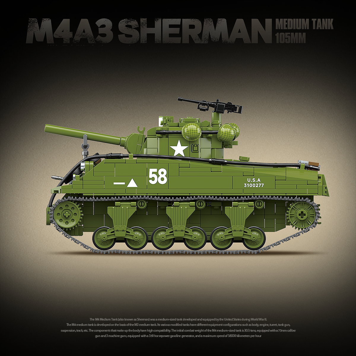 M4A3 Sherman 105mm | 1175 PCS | 1:28 | WWII US Medium Tank